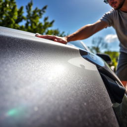 A close-up shot of a dusty car being cleaned, showcasing the shiny surface being revealed as a person wipes away the dust with a cloth