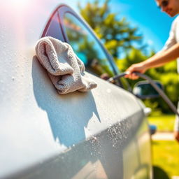 A close-up shot of a dusty car being cleaned, showcasing the shiny surface being revealed as a person wipes away the dust with a cloth