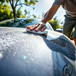 A close-up shot of a dusty car being cleaned, showcasing the shiny surface being revealed as a person wipes away the dust with a cloth