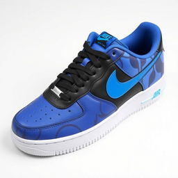A stylish design of Nike Air Force 1 sneakers featuring a dynamic blue and black pattern