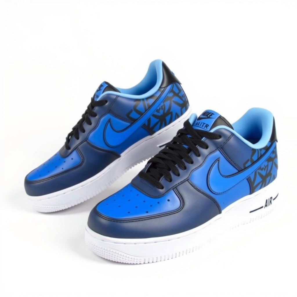 A stylish design of Nike Air Force 1 sneakers featuring a dynamic blue and black pattern