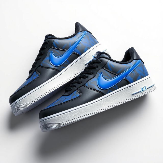 A stylish design of Nike Air Force 1 sneakers featuring a dynamic blue and black pattern