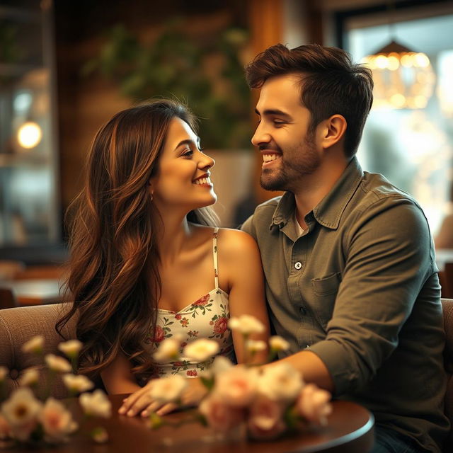 A romantic scene depicting a man and a woman sharing a tender moment