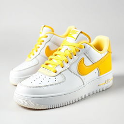 A vibrant design of Nike Air Force 1 sneakers featuring a striking white and yellow pattern