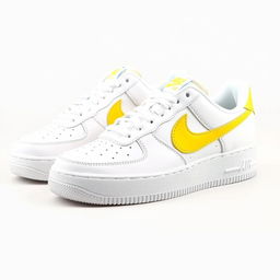 A vibrant design of Nike Air Force 1 sneakers featuring a striking white and yellow pattern