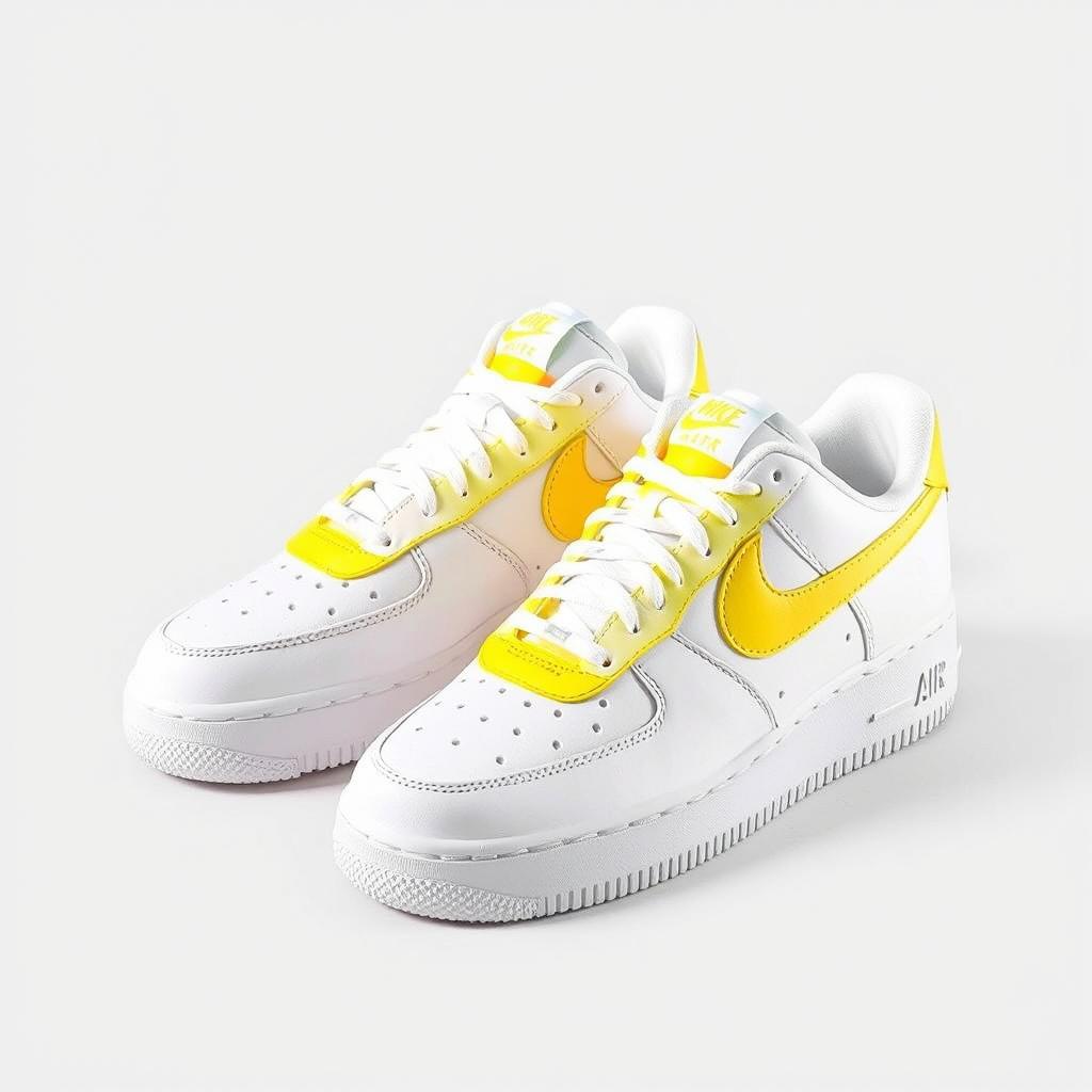 A vibrant design of Nike Air Force 1 sneakers featuring a striking white and yellow pattern