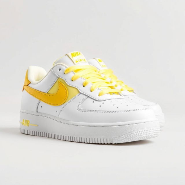 A vibrant design of Nike Air Force 1 sneakers featuring a striking white and yellow pattern