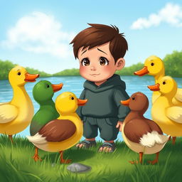 A heartwarming scene depicting a group of colorful ducks gathered around a sad human boy named Paco by a tranquil pond