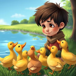 A heartwarming scene depicting a group of colorful ducks gathered around a sad human boy named Paco by a tranquil pond