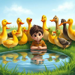 A heartwarming scene depicting a group of colorful ducks gathered around a sad human boy named Paco by a tranquil pond