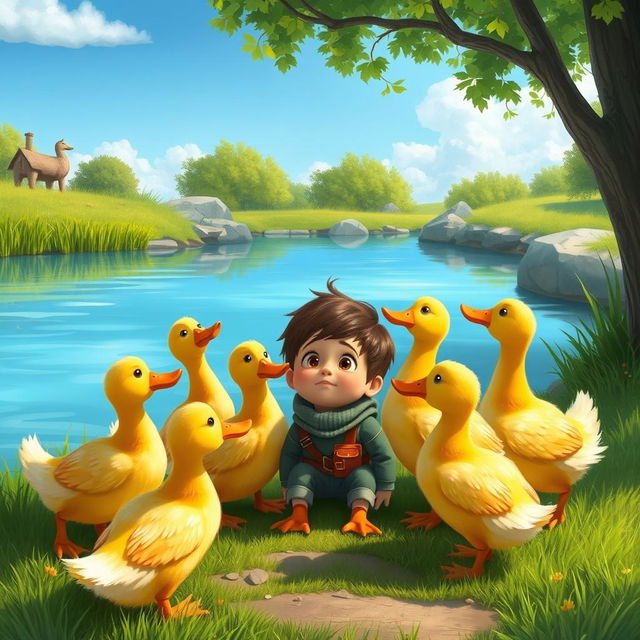 A heartwarming scene depicting a group of colorful ducks gathered around a sad human boy named Paco by a tranquil pond