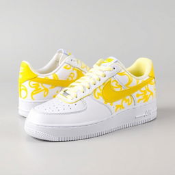 A fresh design of Nike Air Force 1 sneakers featuring a lively yellow and white pattern