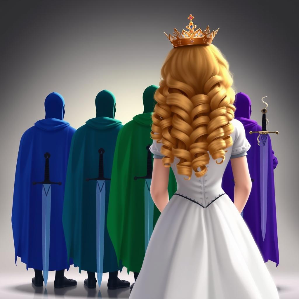 A princess facing away, showcasing her curly blonde hair and a crown elegantly hanging from her head