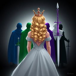 A princess facing away, showcasing her curly blonde hair and a crown elegantly hanging from her head