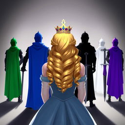 A princess facing away, showcasing her curly blonde hair and a crown elegantly hanging from her head
