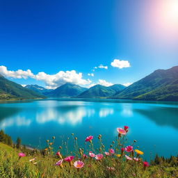 A vibrant, high-resolution photograph capturing a stunning landscape featuring a serene lake surrounded by lush green mountains under a clear blue sky