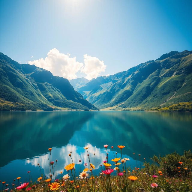 A vibrant, high-resolution photograph capturing a stunning landscape featuring a serene lake surrounded by lush green mountains under a clear blue sky