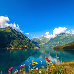 A vibrant, high-resolution photograph capturing a stunning landscape featuring a serene lake surrounded by lush green mountains under a clear blue sky