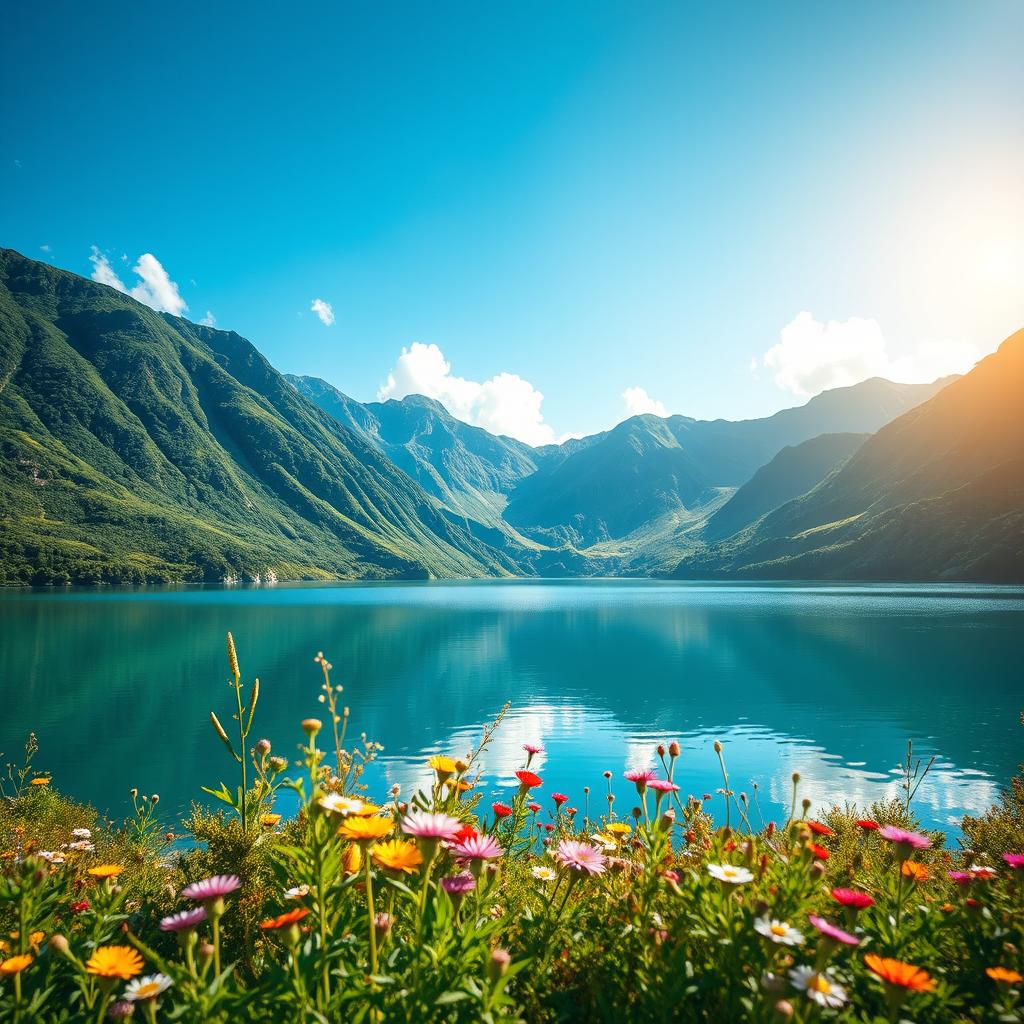 A vibrant, high-resolution photograph capturing a stunning landscape featuring a serene lake surrounded by lush green mountains under a clear blue sky