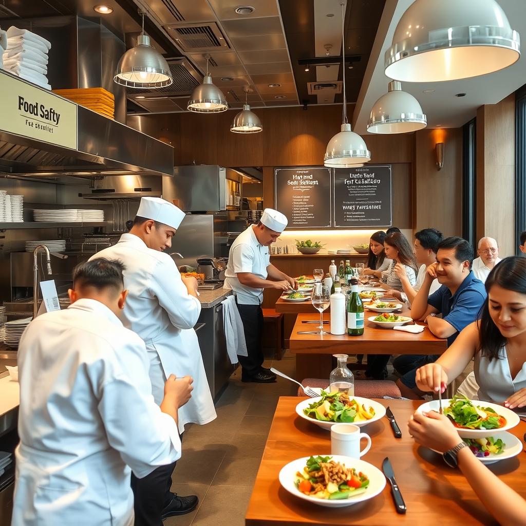 A vibrant restaurant scene showcasing strict food safety regulations in action, with chefs in sleek white uniforms preparing fresh ingredients in a clean, organized kitchen