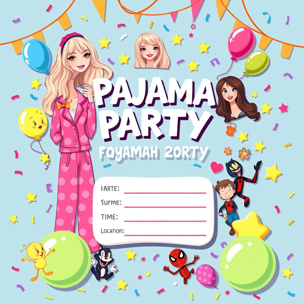 An illustration of a colorful and festive pajama party invitation