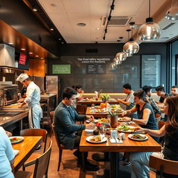 A vibrant restaurant scene showcasing strict food safety regulations in action, with chefs in sleek white uniforms preparing fresh ingredients in a clean, organized kitchen