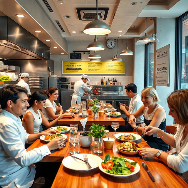 A vibrant restaurant scene showcasing strict food safety regulations in action, with chefs in sleek white uniforms preparing fresh ingredients in a clean, organized kitchen