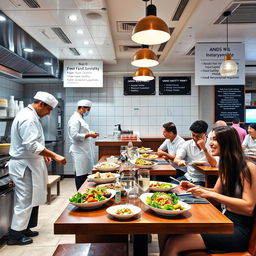 A vibrant restaurant scene showcasing strict food safety regulations in action, with chefs in sleek white uniforms preparing fresh ingredients in a clean, organized kitchen