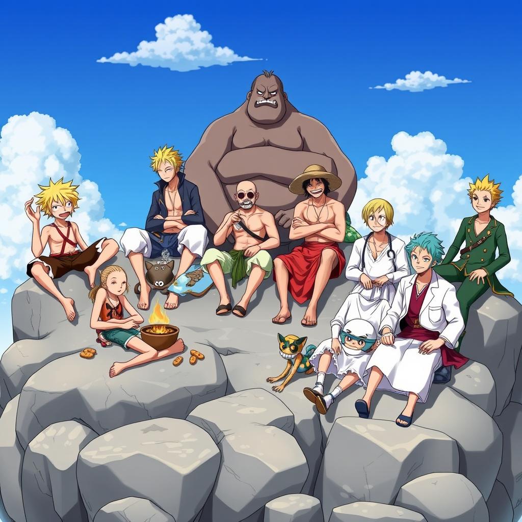 A group of beloved One Piece characters seated atop rugged rocks, enjoying a serene moment together