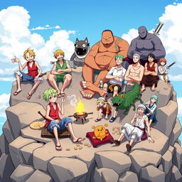 A group of beloved One Piece characters seated atop rugged rocks, enjoying a serene moment together