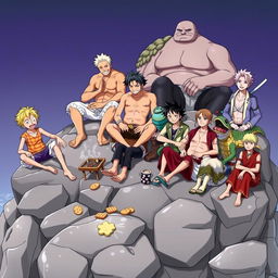 A group of beloved One Piece characters seated atop rugged rocks, enjoying a serene moment together
