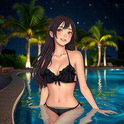 A beautiful Japanese girl wearing a stylish black ruffle bikini, enjoying a serene night at a luxurious pool