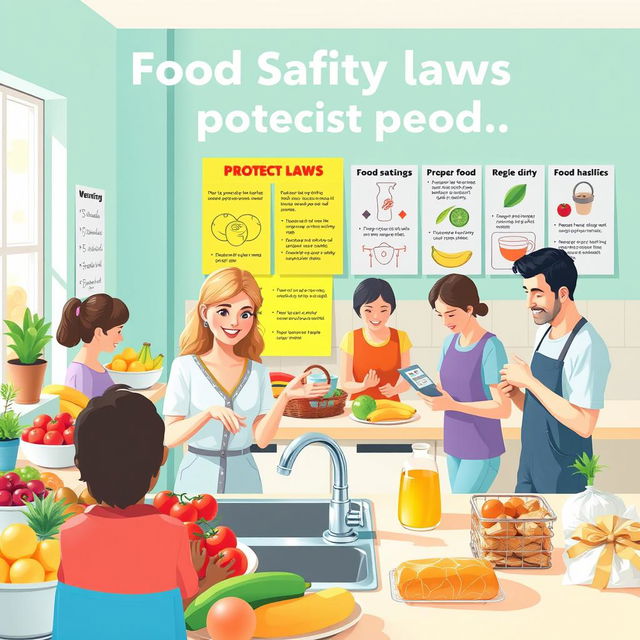 A visually engaging and educational scene illustrating the concept of food safety laws protecting people