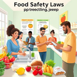 A visually engaging and educational scene illustrating the concept of food safety laws protecting people