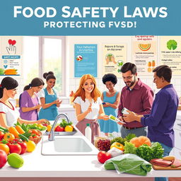 A visually engaging and educational scene illustrating the concept of food safety laws protecting people