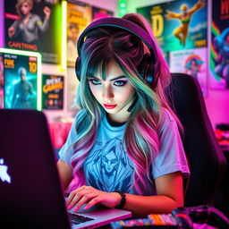 A stylish gamer girl immersed in a vibrant gaming environment, wearing trendy gaming headphones and a graphic tee featuring her favorite game character