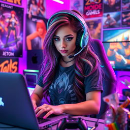 A stylish gamer girl immersed in a vibrant gaming environment, wearing trendy gaming headphones and a graphic tee featuring her favorite game character