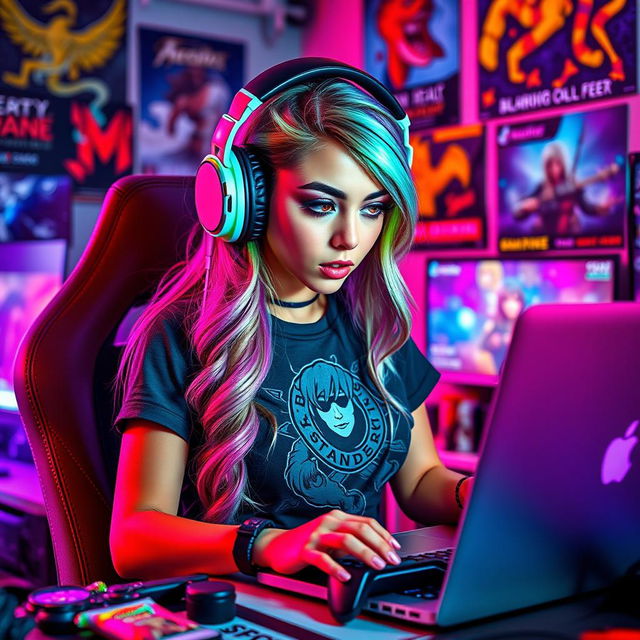 A stylish gamer girl immersed in a vibrant gaming environment, wearing trendy gaming headphones and a graphic tee featuring her favorite game character