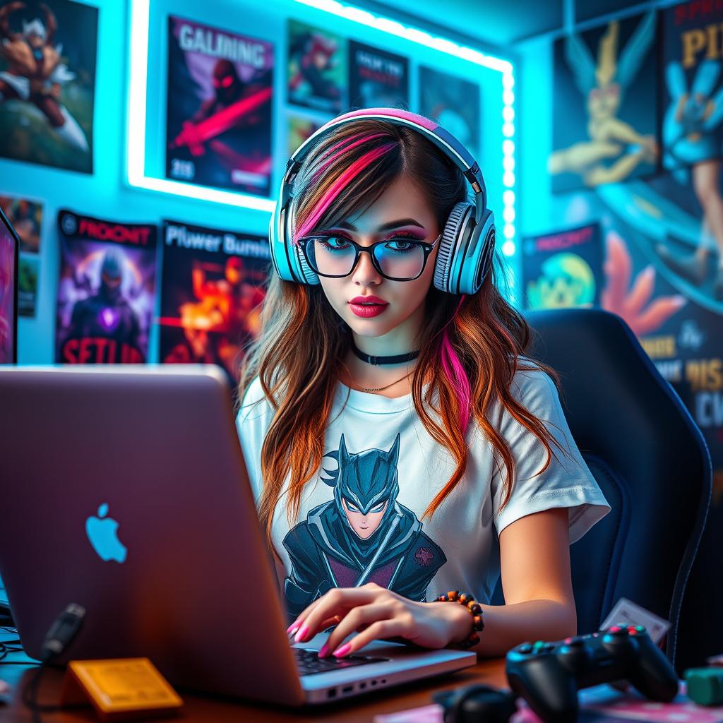 A stylish gamer girl immersed in a vibrant gaming environment, wearing trendy gaming headphones and a graphic tee featuring her favorite game character