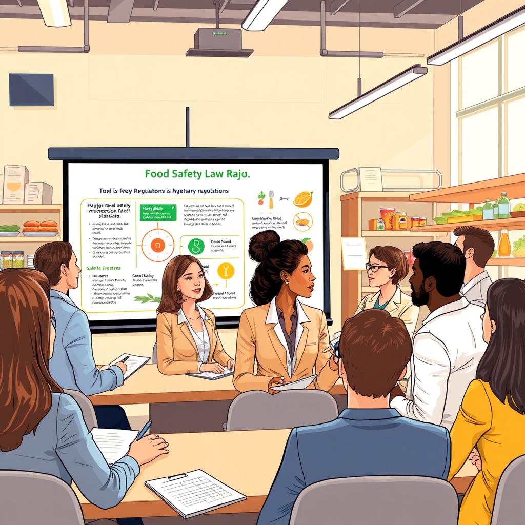A detailed illustration of a modern food safety law seminar, featuring a diverse group of professionals engaged in discussions