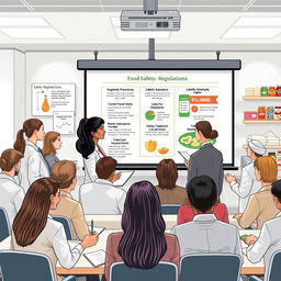 A detailed illustration of a modern food safety law seminar, featuring a diverse group of professionals engaged in discussions