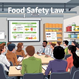 A detailed illustration of a modern food safety law seminar, featuring a diverse group of professionals engaged in discussions