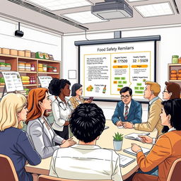 A detailed illustration of a modern food safety law seminar, featuring a diverse group of professionals engaged in discussions
