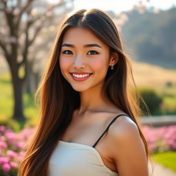 A stunning young woman with long flowing hair, radiant skin, and a captivating smile