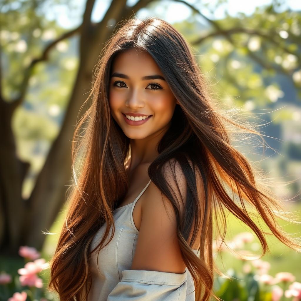 A stunning young woman with long flowing hair, radiant skin, and a captivating smile