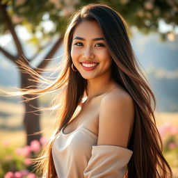 A stunning young woman with long flowing hair, radiant skin, and a captivating smile