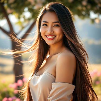 A stunning young woman with long flowing hair, radiant skin, and a captivating smile