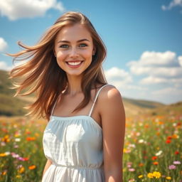 A vibrant and lively portrait of a young woman with flowing brown hair, bright green eyes, and a warm smile, dressed in a casual yet stylish white sundress