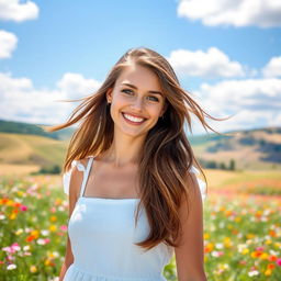 A vibrant and lively portrait of a young woman with flowing brown hair, bright green eyes, and a warm smile, dressed in a casual yet stylish white sundress