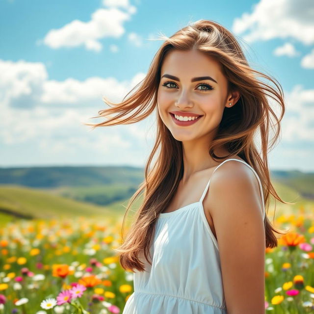 A vibrant and lively portrait of a young woman with flowing brown hair, bright green eyes, and a warm smile, dressed in a casual yet stylish white sundress
